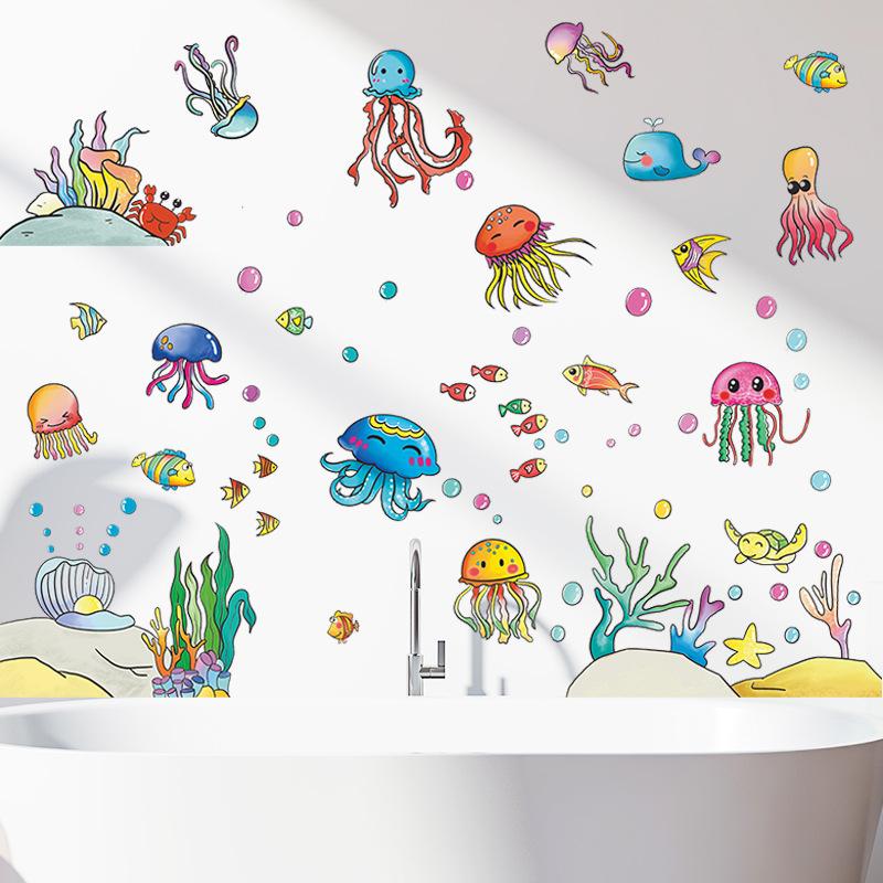 Cartoon Jellyfish Paradise Wall Sticker Self-Adhesive Removable for Kids Room Bathroom Home Decor