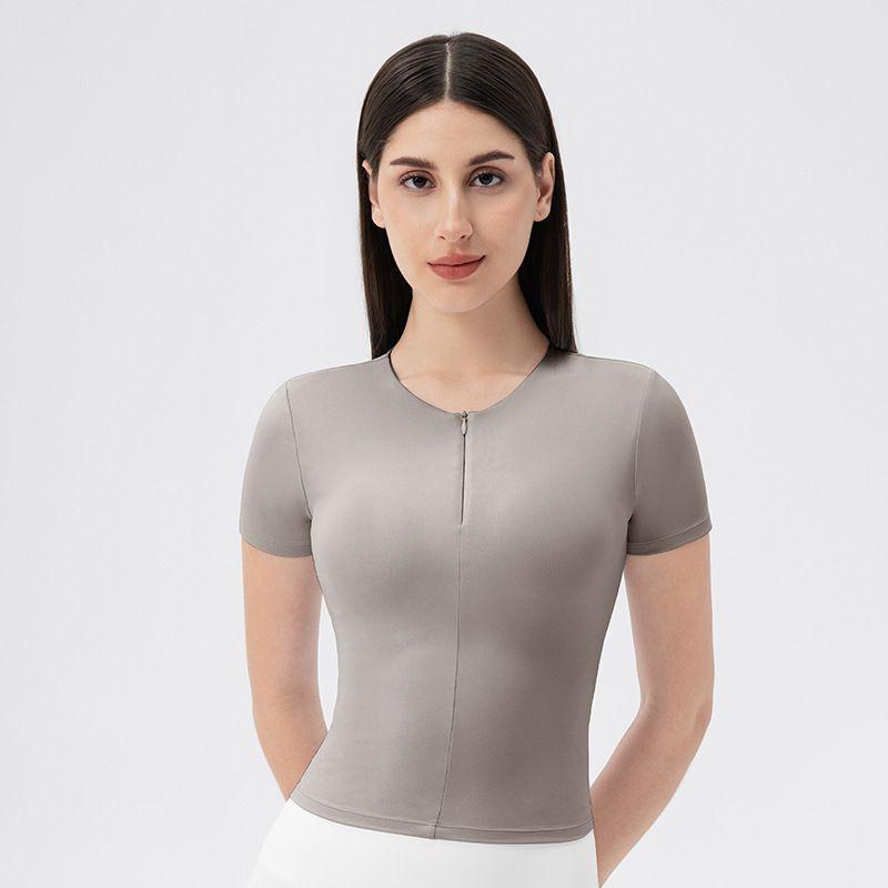Foreign Trade Belt Chest Pad Yoga Clothes Short Sleeve Front Zipper Tight Fitness Top Nude Feel High Elastic Sports Running T-shirt Women