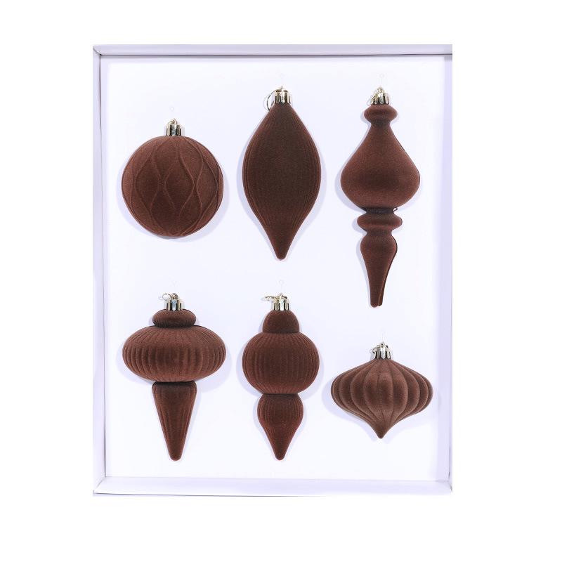 Set of 6 Irregular Mocha Mousse Christmas Tree Flocking Balls
