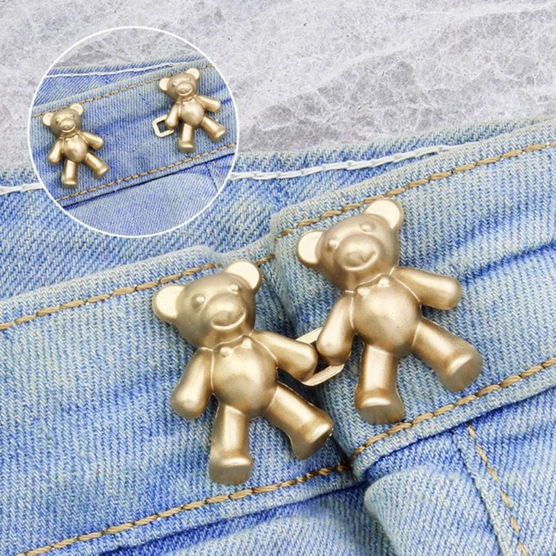 2Pcs Adjustable Jean Button Pins, Bear Shaped Waist Tightener Instant Jean Buttons for Jeans Pants, No Sewing Required