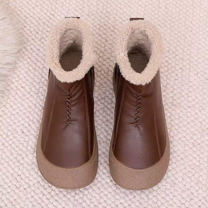 Women Winter New Real Leather Ankle Snow Boots Thick Sole Non Slip Waterproof Round Toe Flat Sole Zippers Elderly Cotton Shoes