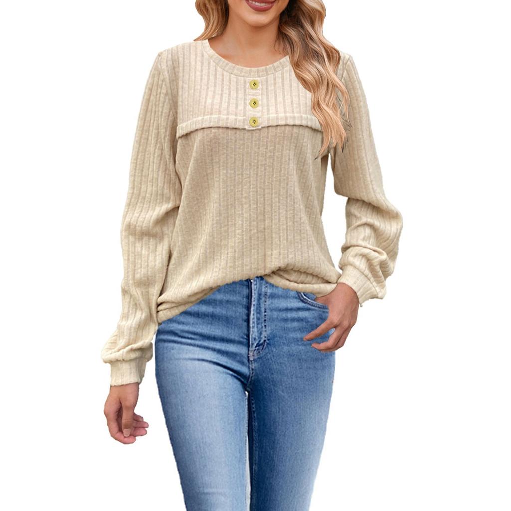 Damenmode Locker Rundhals Knopf Langarm T-Shirt Lässiges Strickoberteil