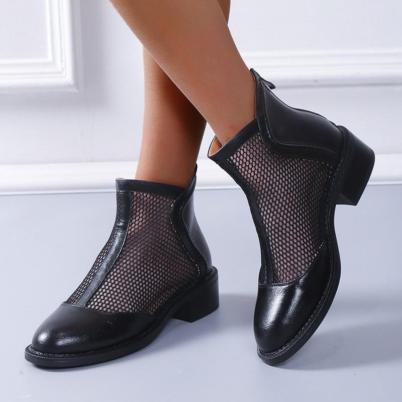 Cizme cu plasă pentru femei 2024 Nou vară cu cap rotund Sandale pentru femei la modă plasă cu toc mijlociu Stradă cu fermoar respirabil Sandale pentru femei