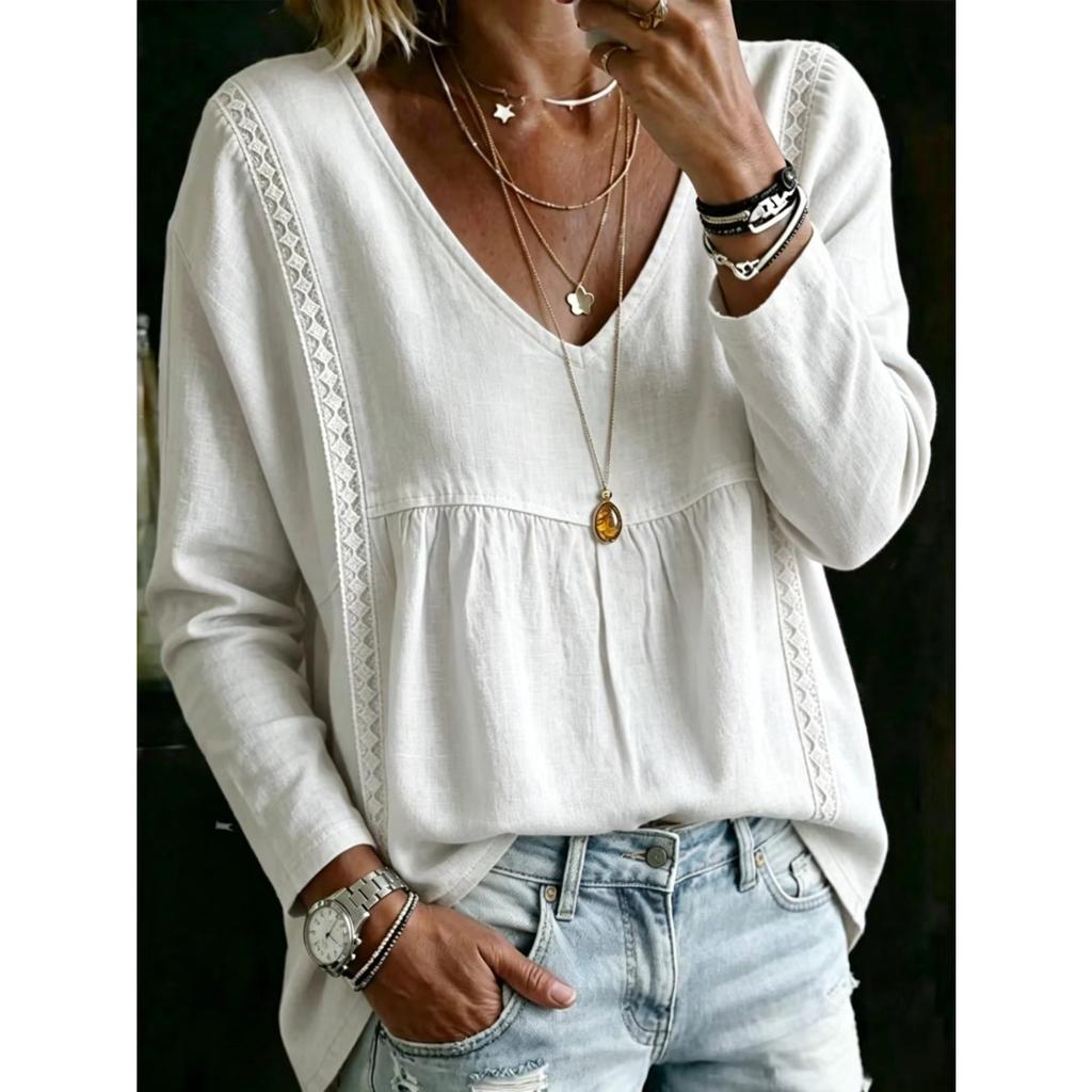 New autumn women's lace V-neck pullover solid color casual long-sleeved top
