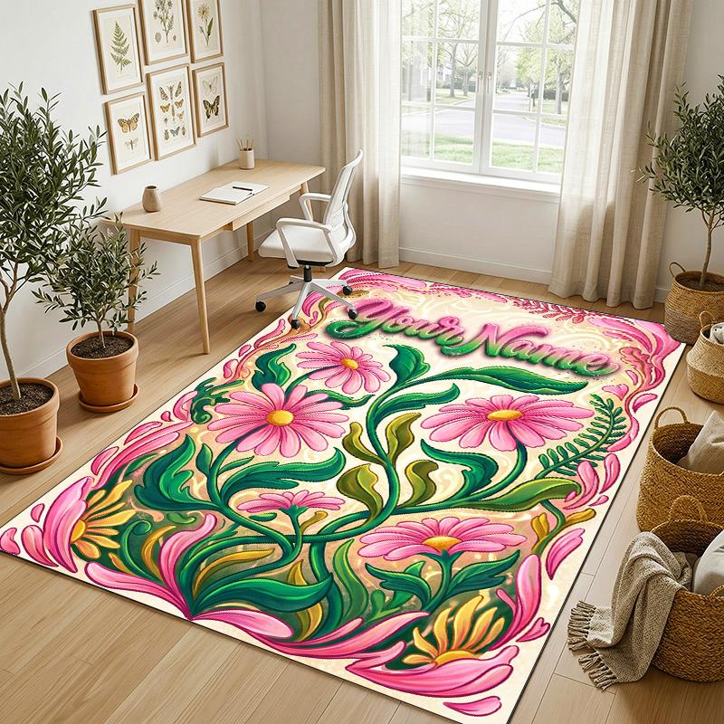 Floral Garden Theme Crystal Velvet Rug Personalized Custom Name Text Soft Floor Mat Home Decor