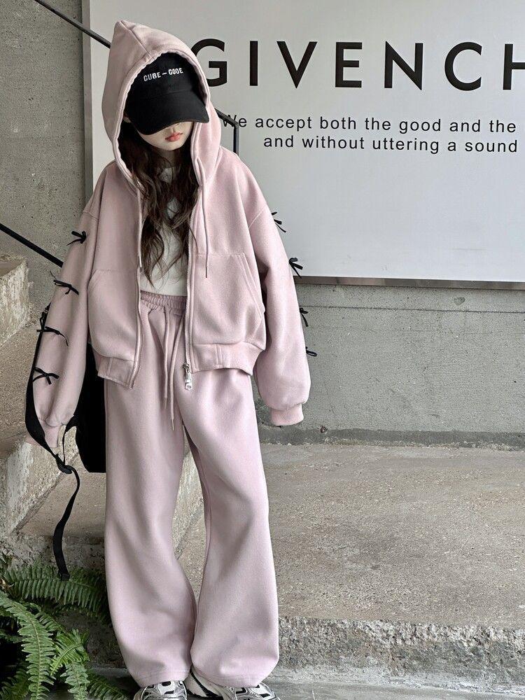 Trendiges koreanisches Schleifenset: Kapuzenjacke & Freizeithose für große Mädchen