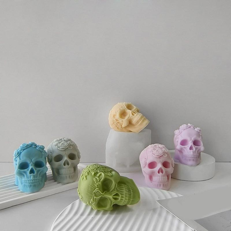 3D Skull Resin Molds Halloween Candle Mold Rose Skull Shaped Candle Making Mould Handmade Fondant Cake Aromatherapy Mold