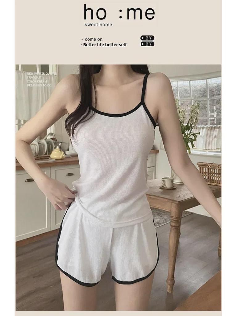 Women's Casual Summer Pajamas with Chest Pads - Suspender Shorts Set