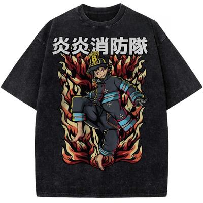 Anime Fire Force Shinra Kusakabe Graphic T Shirt Men Women Washed Cotton Tshirts Casual Loose Clothing Harajuku Male T-shirt