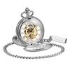 TREEWETO Mechanical Pocket Watch Antique Golden Dial Skeleton Roman Numerals Silver Double Hunter with Chain Lid