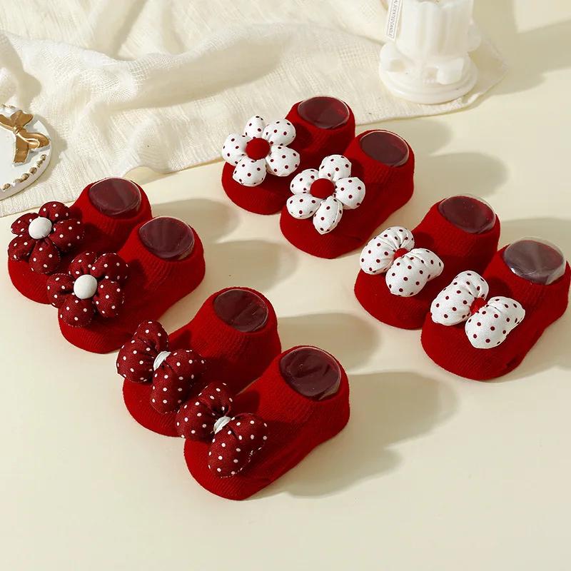 Baby Socks Christmas New Year Newborn Infant Flower Bow Ankle Socks Anti Slip Rubber Soles Baby Girl Indoor Floor Socks