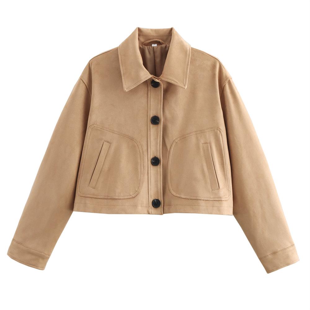 

Женская осенне-зимняя замшевая куртка с большими карманами - Однобортная короткая модель 2024 Small