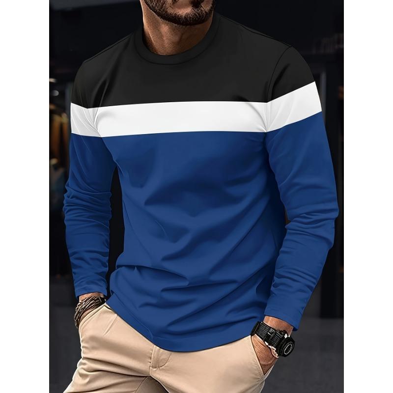 Men's Casual Outdoor Color Blocked Long Sleeved T-shirt, Breathable and Comfortable Top, Suitable for Fitness, Hiking and Daily Life
