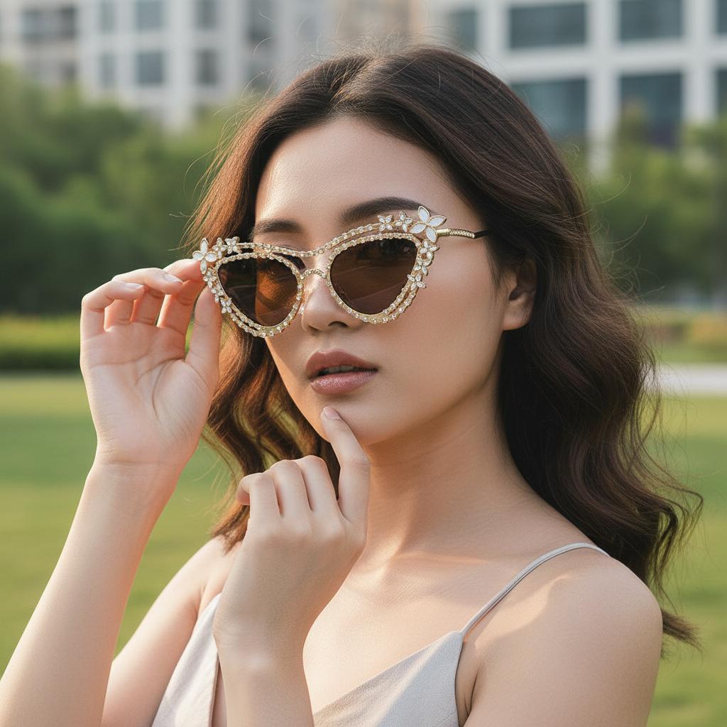 European And American Fashion New Cat'S Eye Diamond-Encrusted Luxury Sunglasses High-End Large-Frame Butterfly Street Sunglasses Trendy Brand Glasses