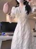 Coffee Break French White Lace V-Neck Bubble Sleeve Dress Summer Female Gentle Wind Fairy Dress Temperament Long Dress