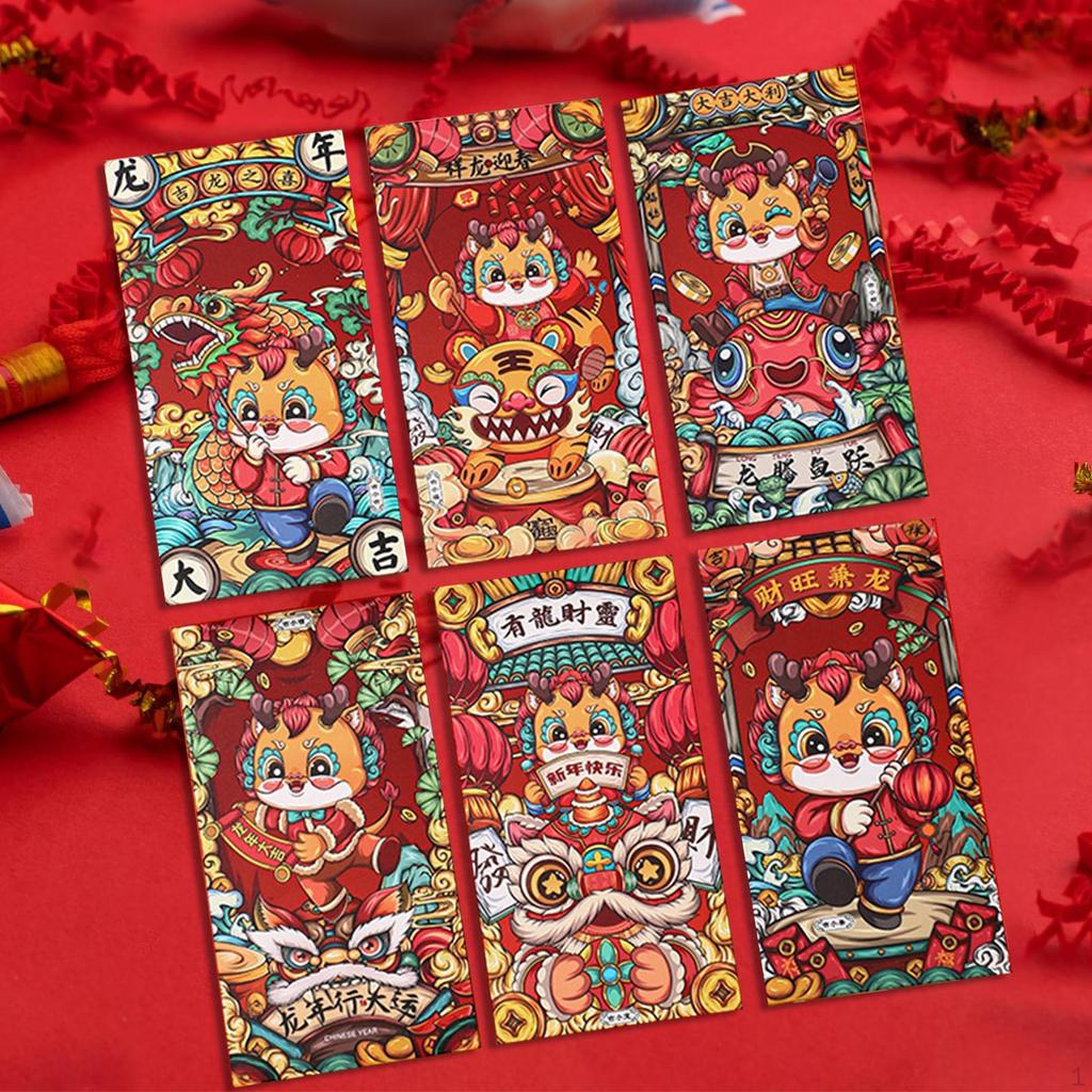 6 Year Red Envelopes, Packets, Dragon Hongbao Hong Bao Gifts, Money Holder for Spring