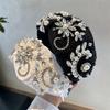 Luxur  Black White Crystal Embroidered Flower Headband for Women Girls Travel Seaside Wide Hair Hoops Headwear Hair Bands