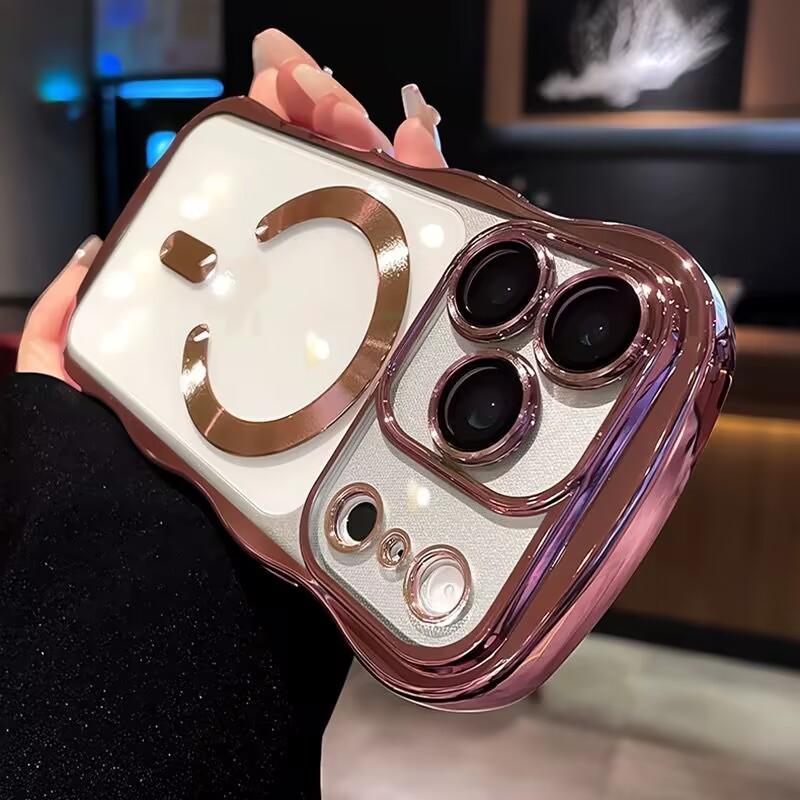  Plating Curly Wavy Clear Magnetic Case For iPhone 17 Air 16 14 15 13 Pro Max For Magsafe Charging Armor Soft Bumper Cover