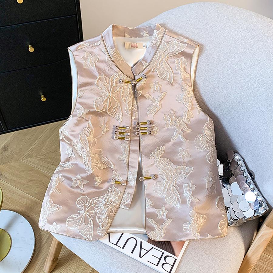 

Весна 2025 Женский вышитый жилет со стойкой, разрезом и застежкой-лягушкой XXL розовый