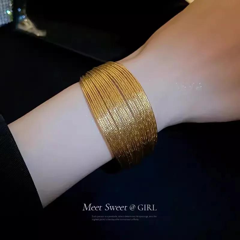 Vintage Gold Color Multi-Layer Opening Wide Cuff Bracelet for Women Punk Metal Adjustable Personality Bracelet Jewelry Gifts