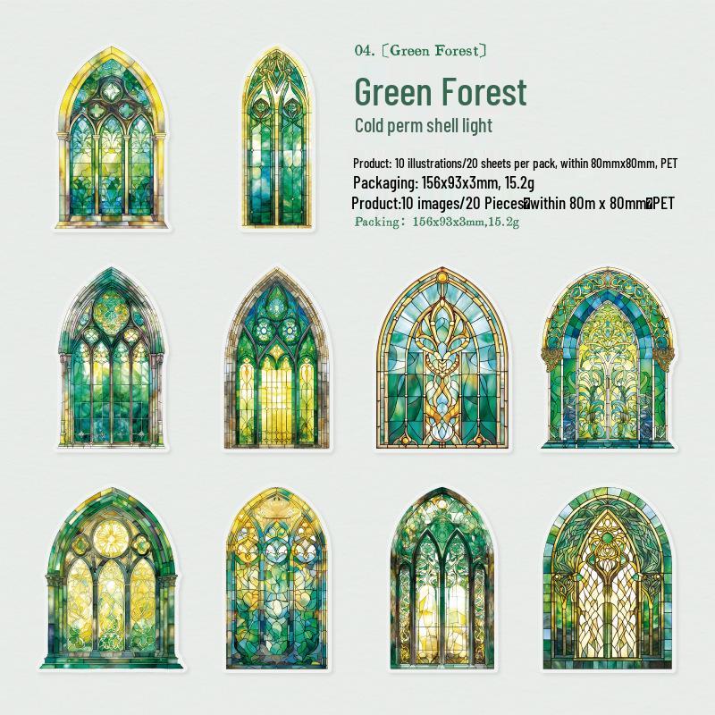 Yan Ji PET Cold Stamping Sticker Pack: Seven-Color Glazed Series, 20 Sheets, European Style Stained Glass Theme, 6 Styles Available.