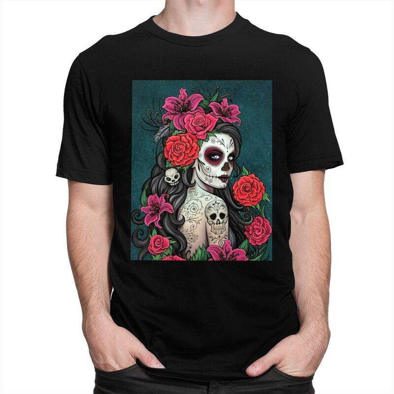 Custom Mexican Catrina Sugar Skull Lady Tshirts for Men Short Sleeve Casual T Shirt Tshirt Pure Cotton Tee Gift