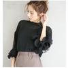 Women Elegant Party Blouse Chic Mesh Ruffle Sleeve Autumn Designer Stand Collar Shirts Korean Loose Tunics