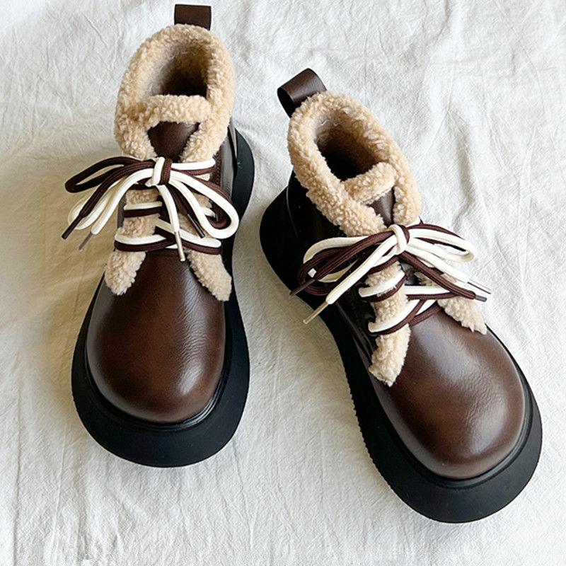 Fashion Round Toe Lace-up Chunky Snow Boots for Women Leather Plush Booties Comfortable and Elegant Footwear Autumn Winter Woman Shoes