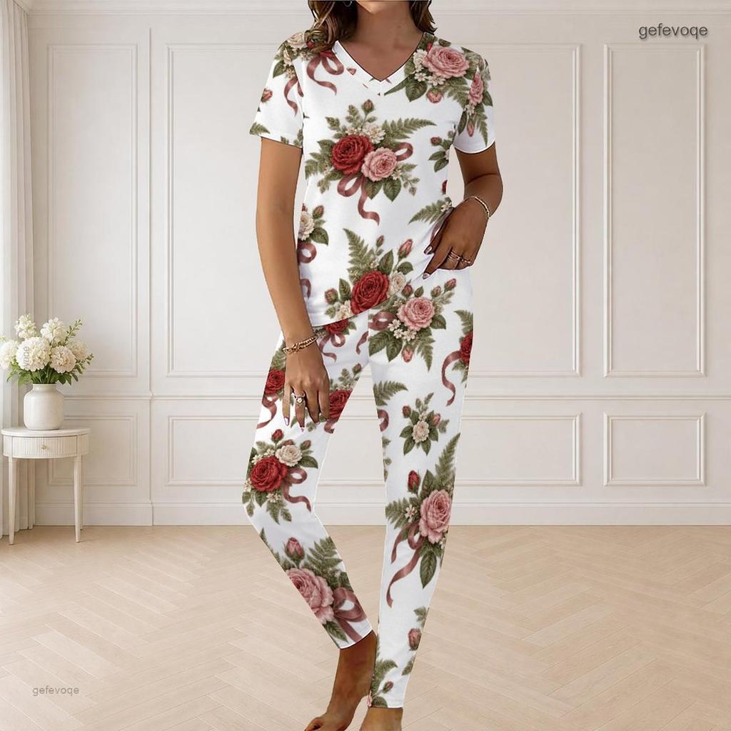 Women Plus Size V Neck Short Sleeve Rose Floral Print White Pajama Loungewear Set