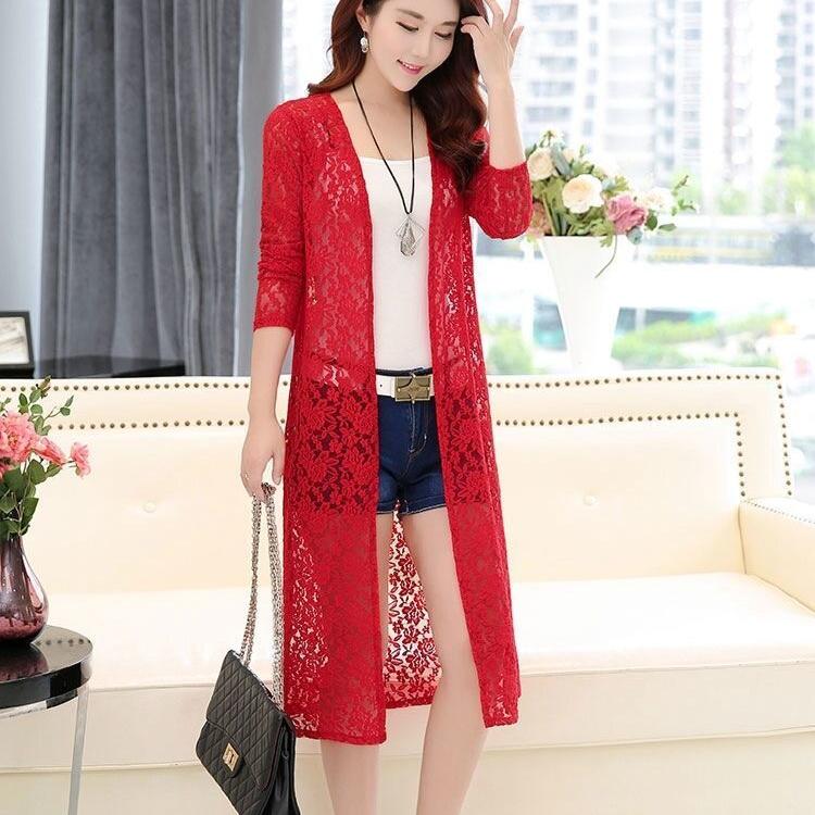 Sommer Damen Spitzen-Strickjacke Sonnenschutzjacke Langarm Plus Size Mittellange dünne Außenschaljacke