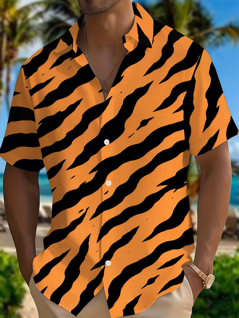 Men'S Tiger Stripe Wild Short Sleeve Shirt, Street Trendy Cool Style Blouse, Full Print Orange Black Contrast Tiger Pattern Loose Top, Suitable for