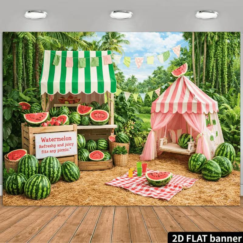 

2D Birthday Party Background Cloth Watermelon Picnic Tropical Jungle Banner for Decor 47.2x31.5inch/120*80cm