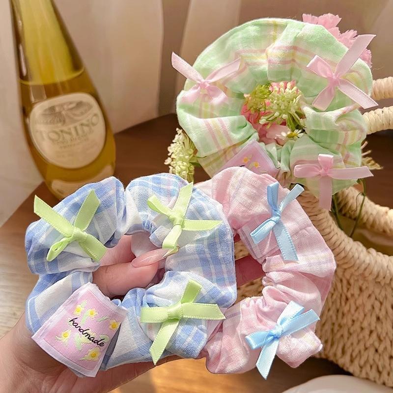 Cloth Check Bow Hair Ring Female Cute Sweet Cream College Style Scrunchie Forest Hair Accessories