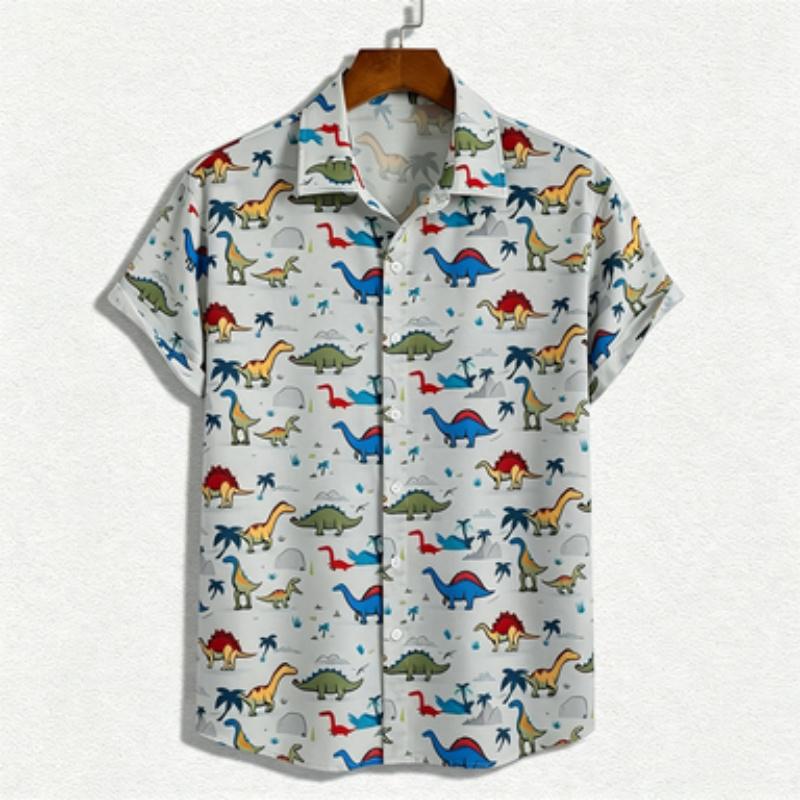 Men's short sleeved shirt, European and American casual men's shirt, fun dinosaur pattern short sleeved shirt