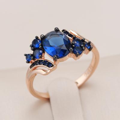 Luxury Blue Natural Zircon Ring For Women  Rose Gold And Black Plating Vintage Wedding Rings Daily Fine Jewelry