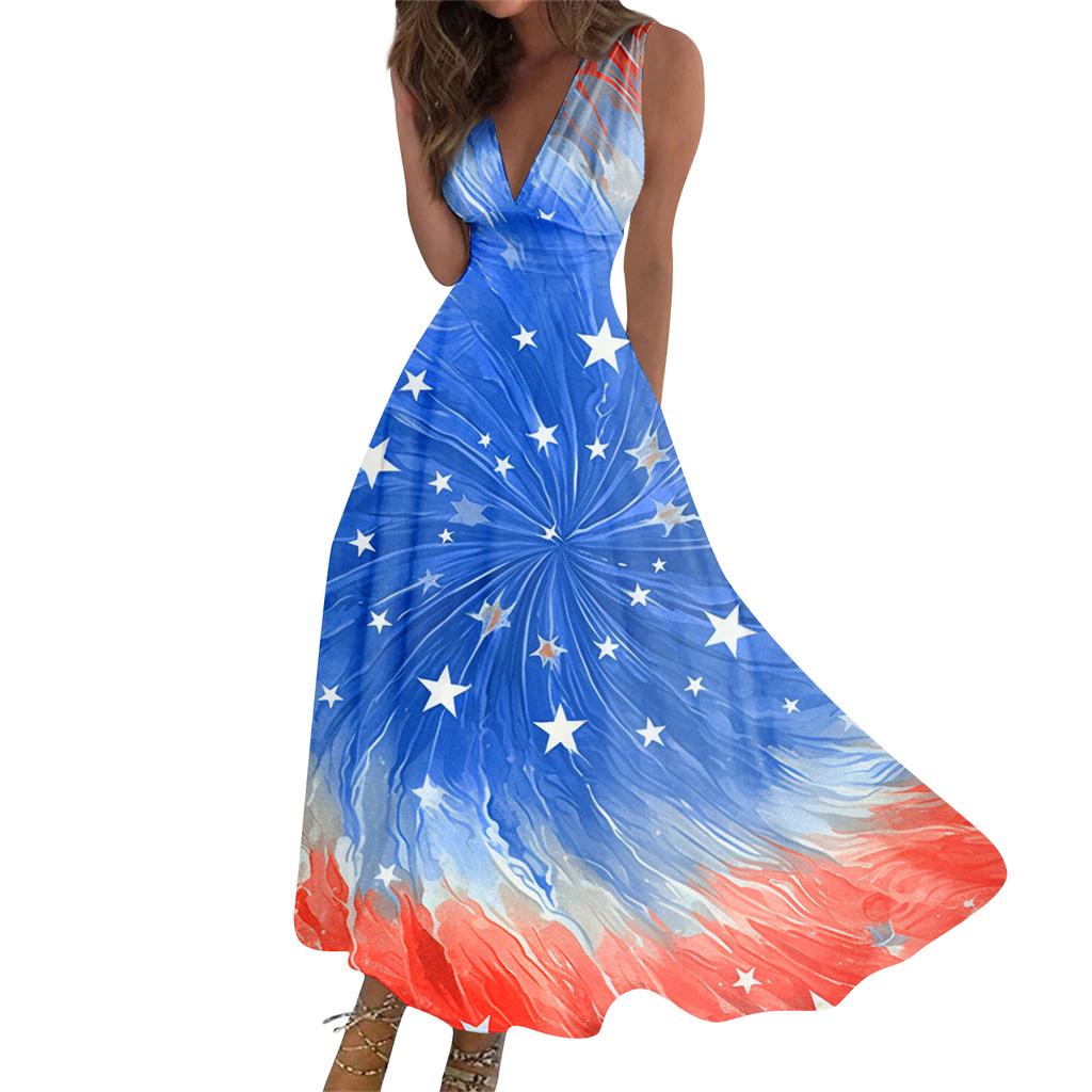 Sleeveless Maxi 4th of July Dress with Star Print Independence Day Dress for Women Casual Loose Fit Holiday Outfit