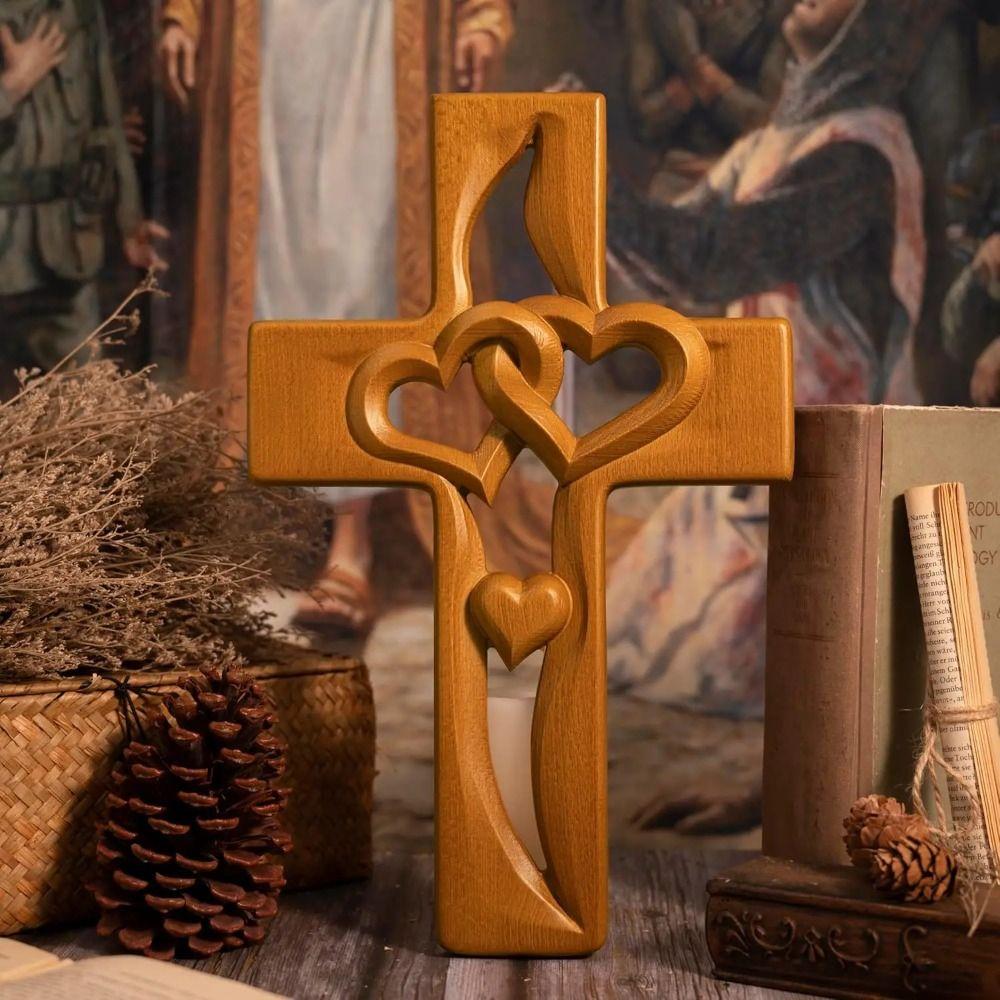 Valentine's Day Intertwined Heart Wooden Cross Solid Wood Log Cross Pendant  Christian