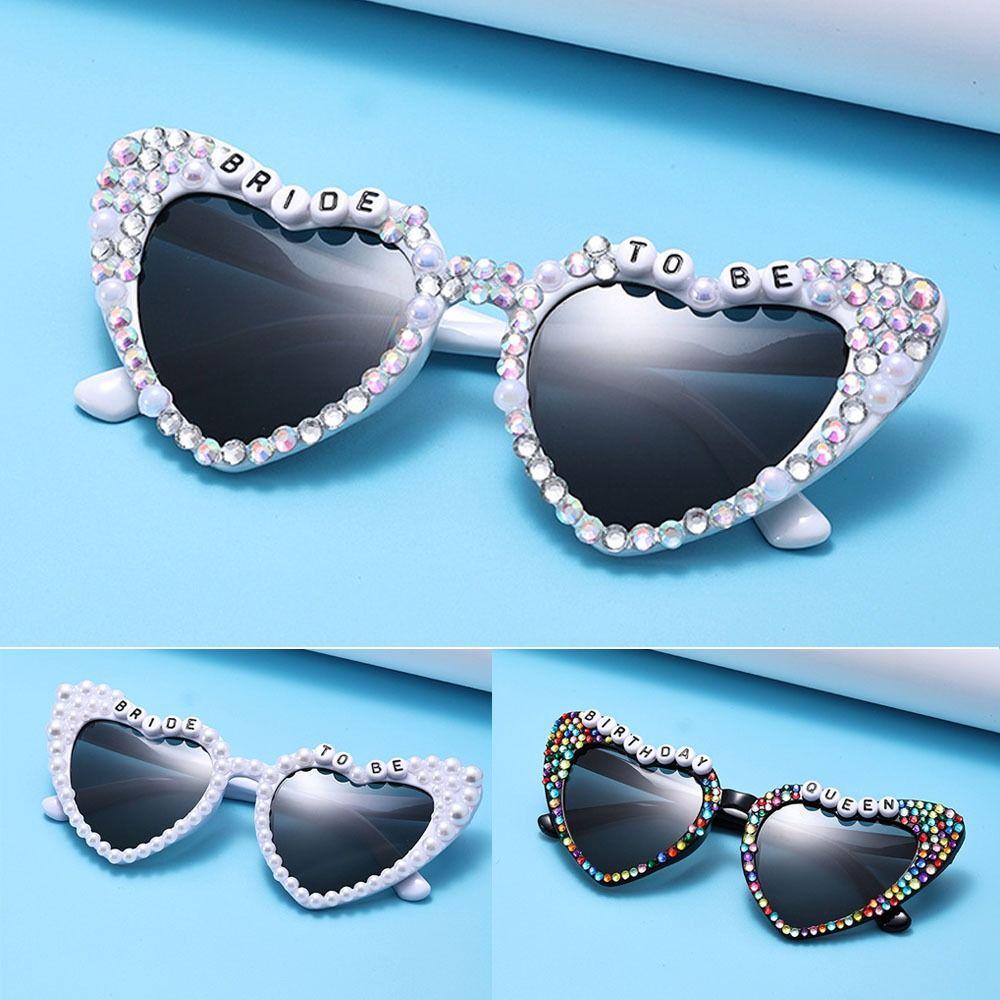 Heart-shaped Frame Pearl Sunglasses English Letters Colorful Black Shades Glasses Bride Eyewear Sun-Protective Travel Glasses