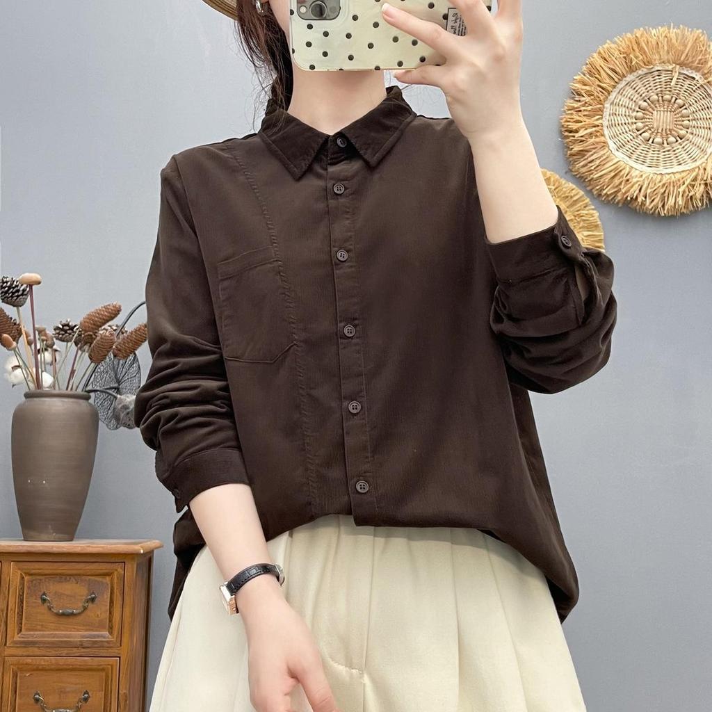 Korean Design Solid Corduroy Cardigan Women's Slimming Top, Long Sleeve Spring 2026 Casual Shirt