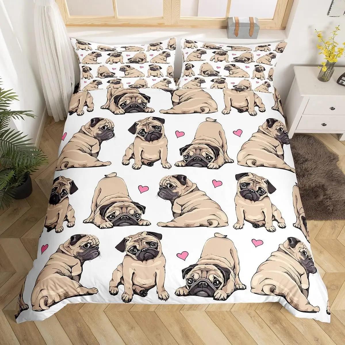 

Lovely Pet Dog Duvet Cover Twin Queen Cute Pug Dog Bedding Set 3D Animal Theme Comforter Cover for Boys Girls Room Decor 2/3pcs EU Single(135*200cm)3pcs