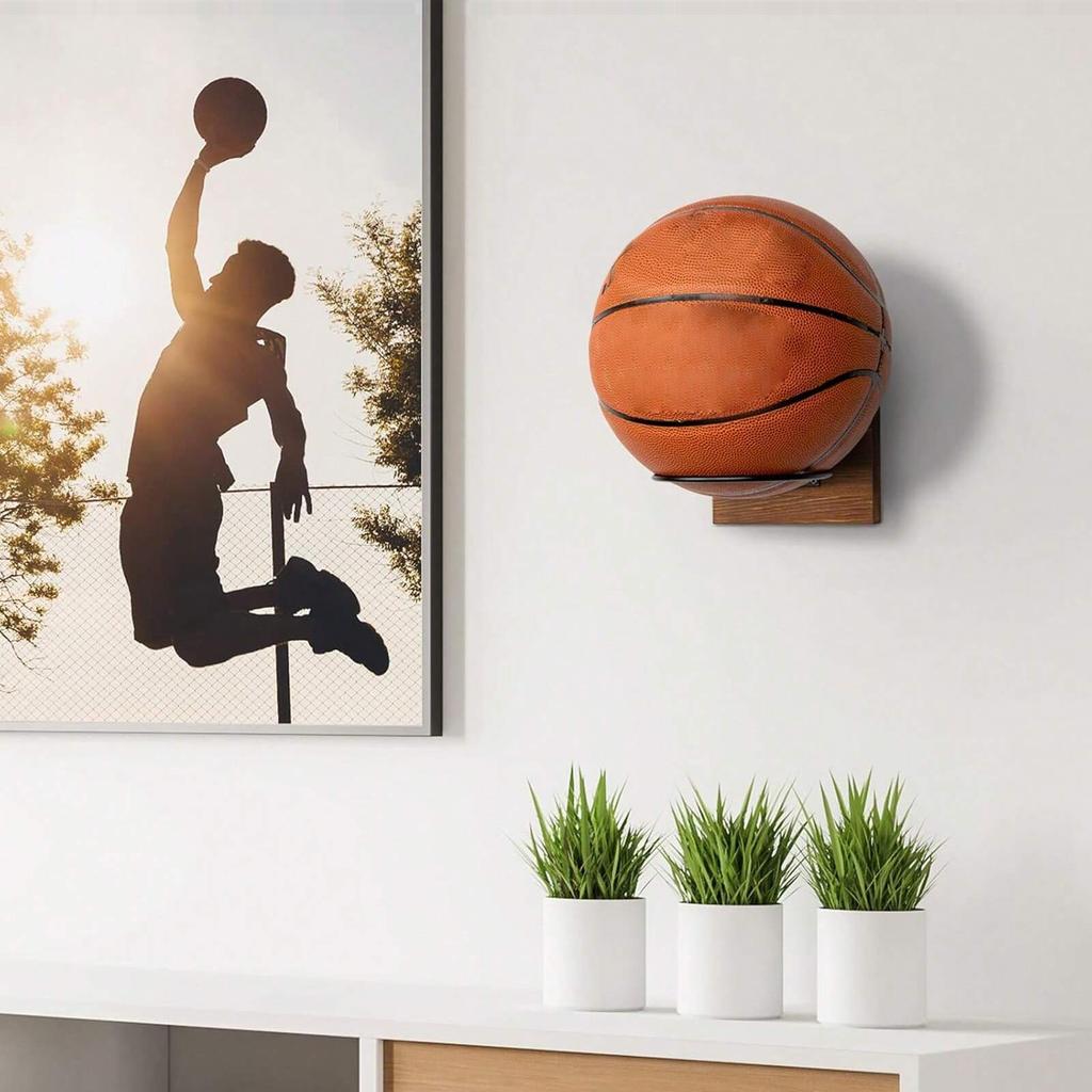 Ball Stand Holder for Basketball Wall Mount Football Display Stand Wood & Metal Storage Rack for Volleyball Softball Scarves