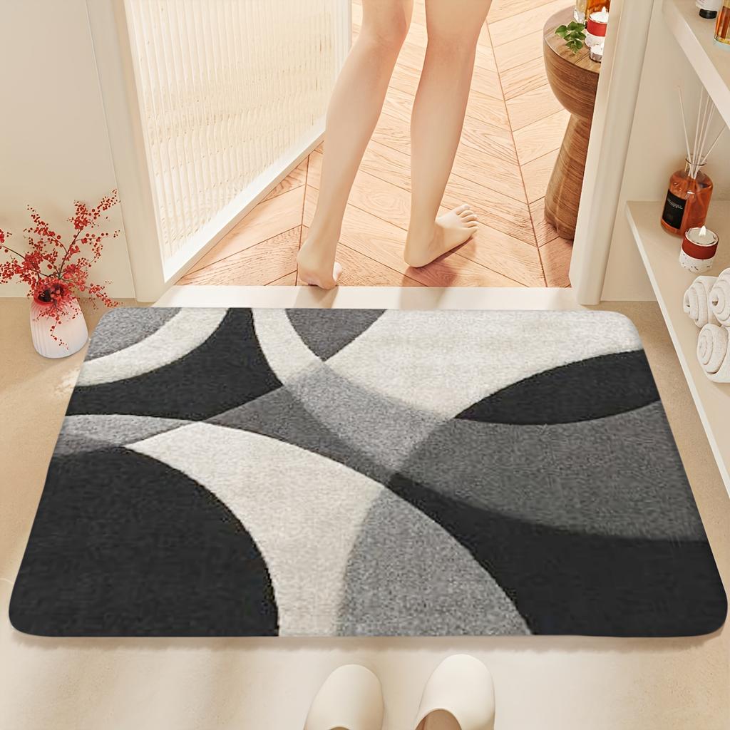 Black White Abstract Bath Mat - Geometric Non-Slip Flannel Rug for Kitchen Shower Tub, Soft Modern Home Decor Bedroom Office
