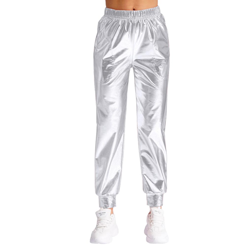 Damen Metallic Tanzhose Hoher Bund Elastischer Bund Lockerer Schnitt Sporthose Glänzender Schimmer Moderne Hose