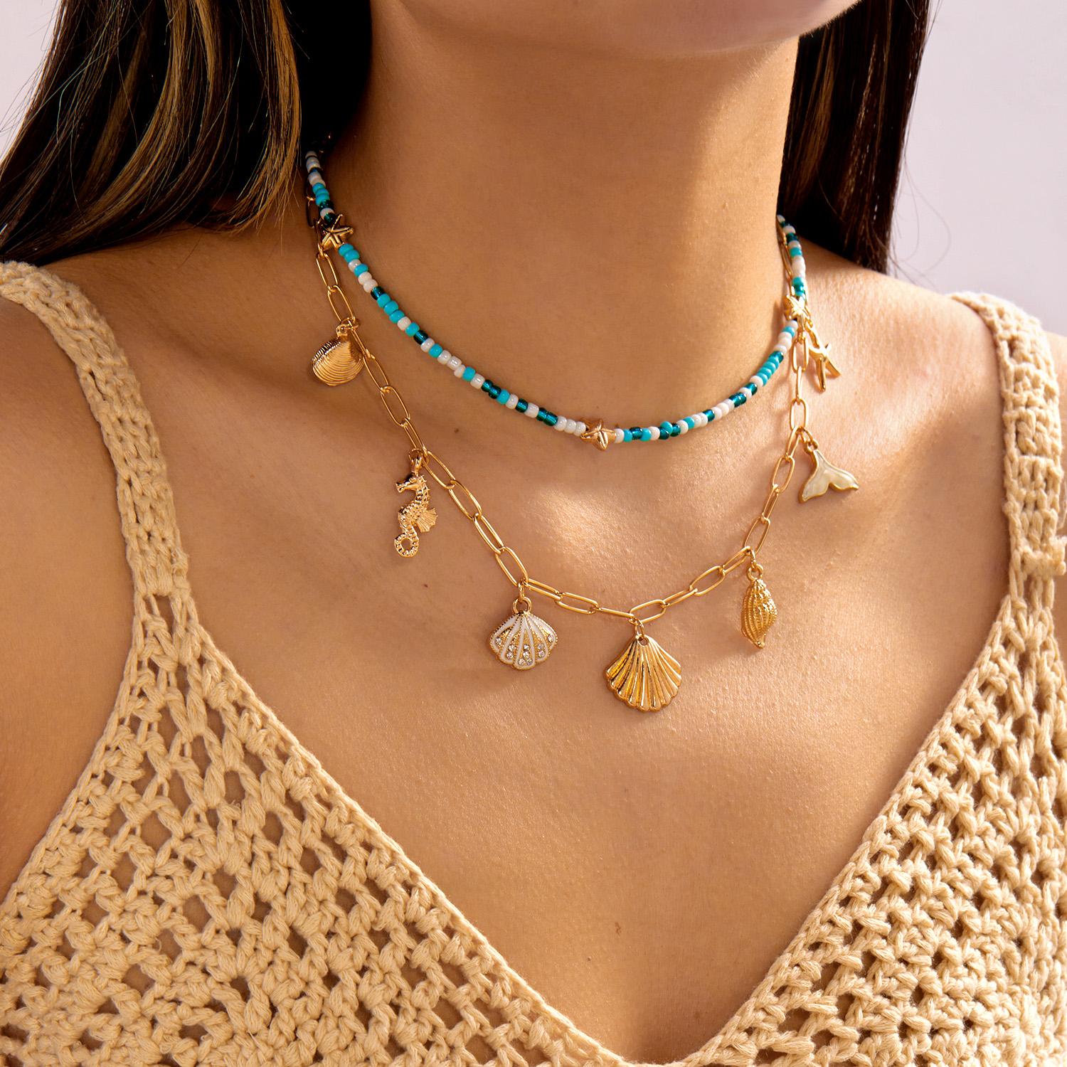 

Bohemian Beach Shell Conch Beaded Necklace for Women Handmade Imitation Pearls Chain Starfish Drop Choker Vacation Party Jewelry