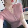Ice Silk V-Neck Short Sleeve T-Shirt Simple Versatile Slim Fit Thin Button Splicing Knit Sweater Top Thin Section
