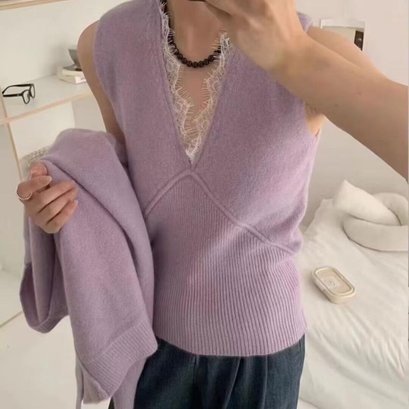 Soft Waxy Lazy Wind Knitted Cardigan Vest Two-piece Set Women's Solid Color Sweater Jacket Autumn and Winter New Set Women