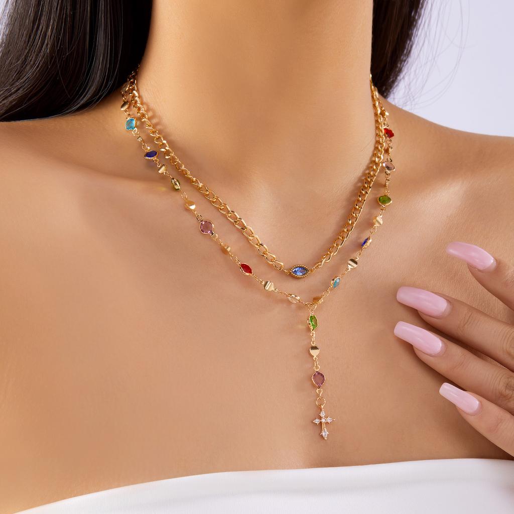 Light Luxury Colorful Rhinestone Double-Layer Chain Necklace for Women Metal Collarbone Chain Cross Pendant Body Jewelry Gifts