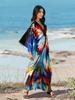 EDOLYNSA 2024 Plus Size Colorful Butterfly Printed Hand-knit V Neck Casual Kaftan Women House Dress Summer Beachwear Swimsuit Cover Up Q1634