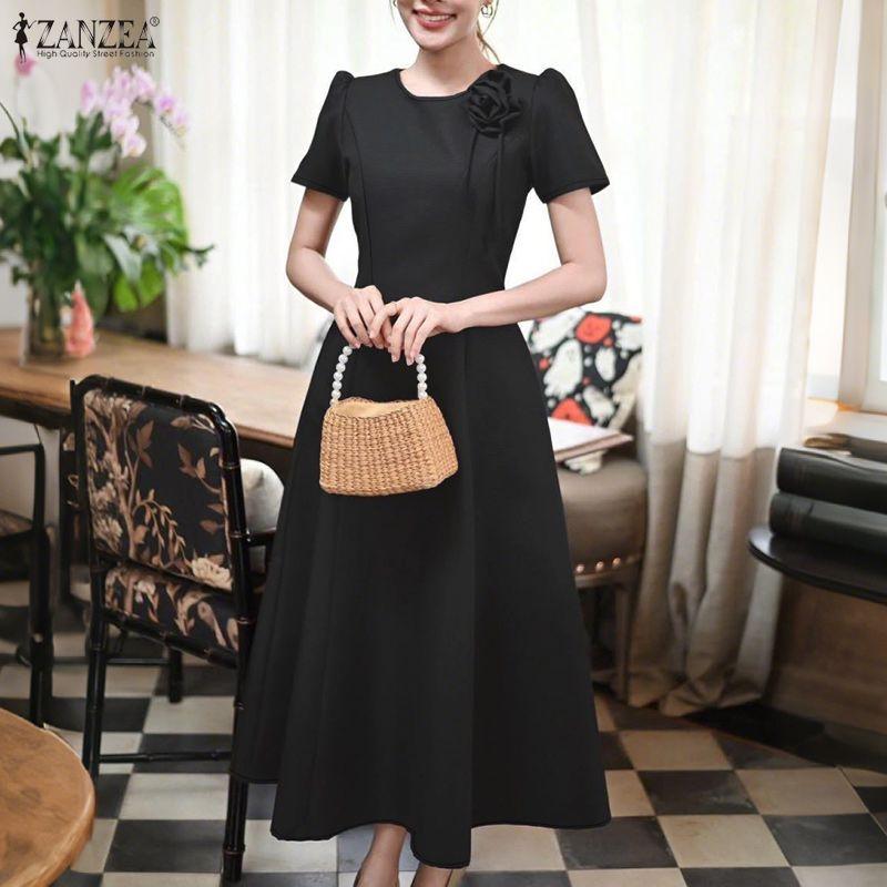 ZANZEA Robe d'été élégante à col rond et manches courtes décontractée pour femme