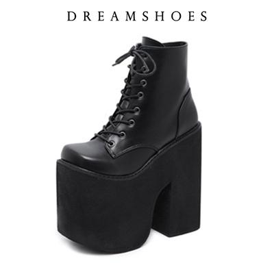 Mode 2025 Damen Y2K-Stil Kurze Stiefel Quadratische Geschlossene Zehen Schnürung Plateau-Stiefel Hohe Klobige Absätze Mode Einfarbige Schuhe